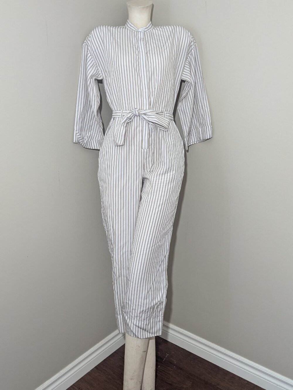 Club Monaco Striped Tencel Jumpsuit  Khaki White Size 00 Luxe NEW - Picture 5 of 7